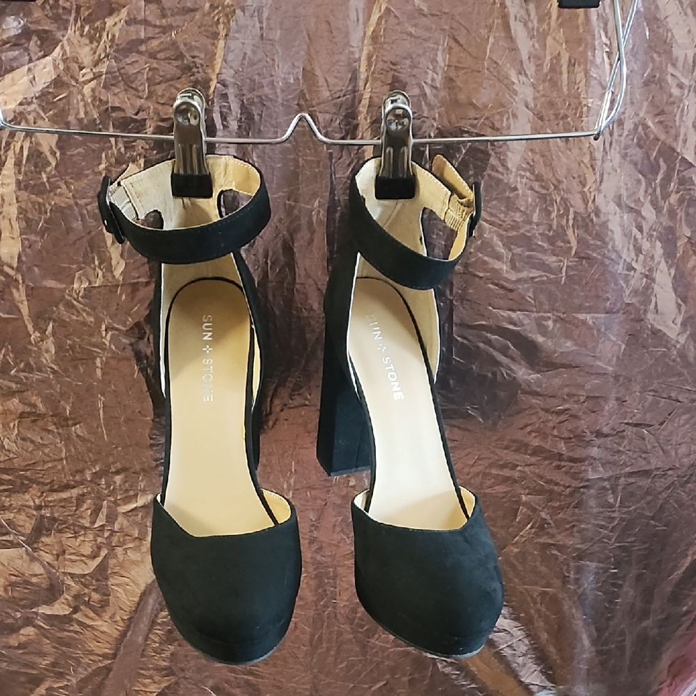 Sun + Stone Black Suede Ankle-Strap Block Heels